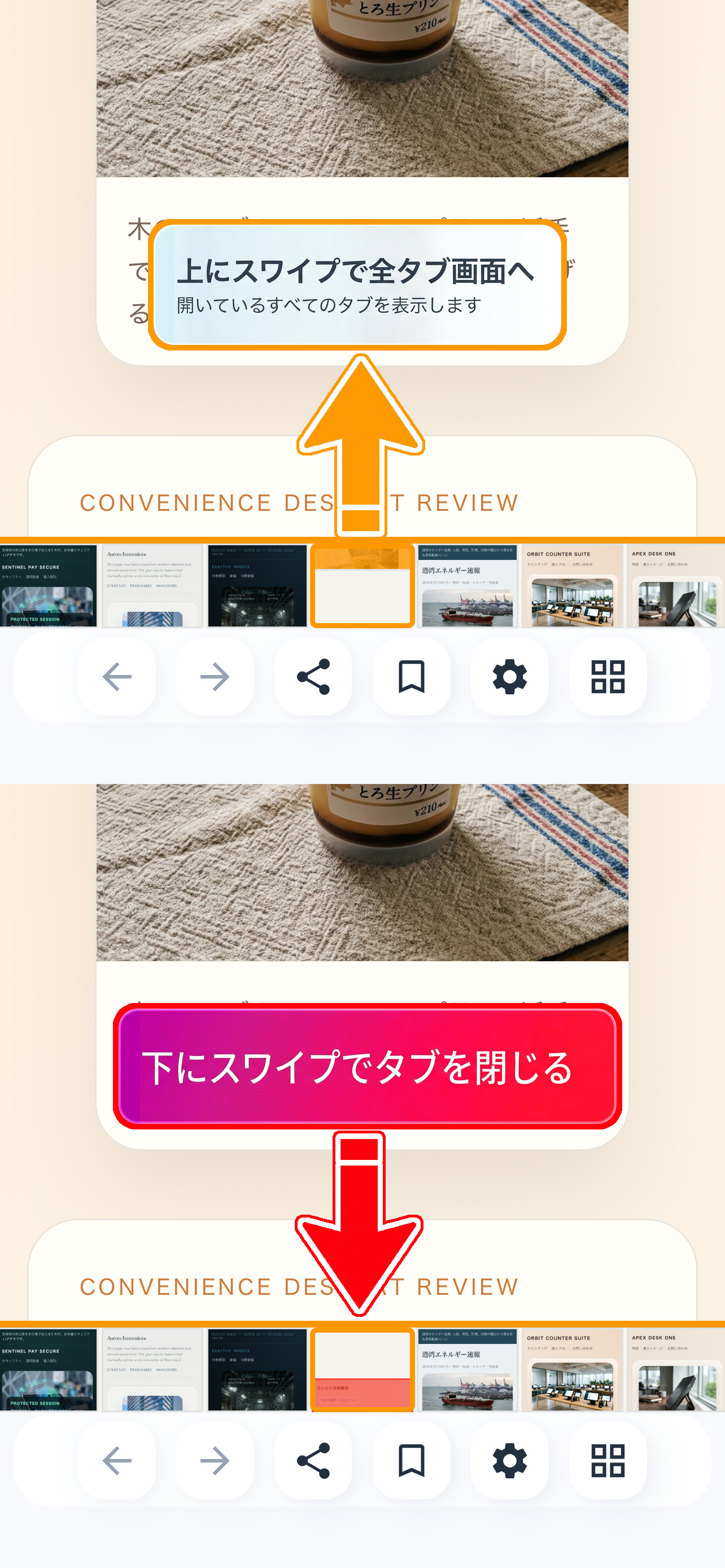 上スワイプで全タブ画面、下スワイプでタブを閉じる画面